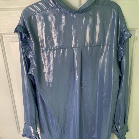 Free People Metallic Blue Satin Ruffle Blouse – Y2K, Office Siren, Size [S] - Picture 2 of 5